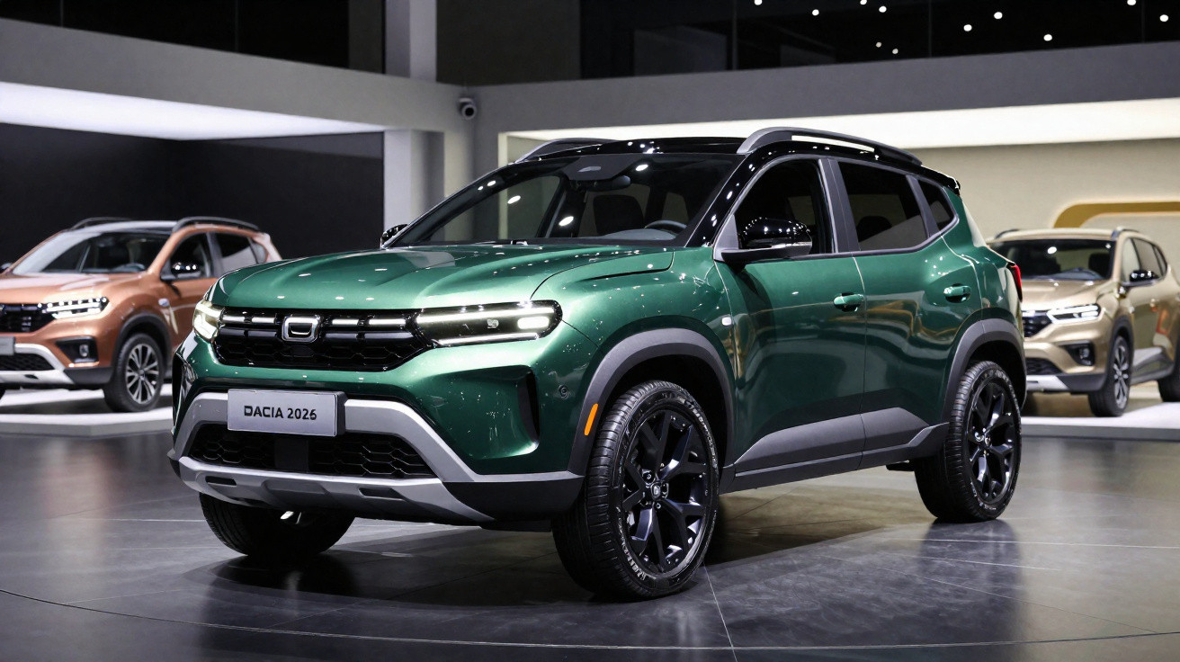 SUV Dacia vert 2026 exposé en salle avec deux autres véhicules en arrière-plan.