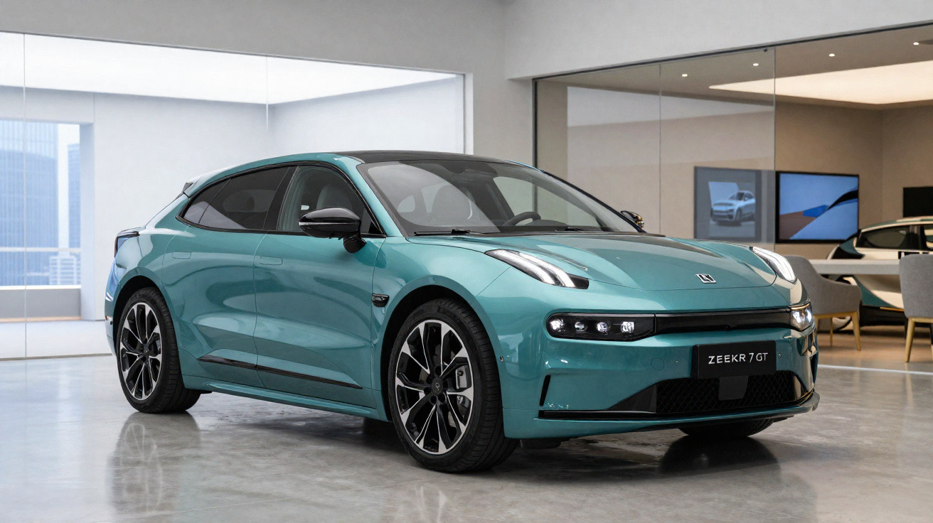 Voiture électrique Zeekr 7 GT turquoise exposée dans un showroom moderne avec sol en béton lisse.