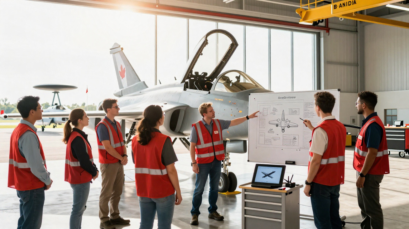 Un groupe de personnes en gilets rouges écoute une présentation devant un avion de chasse en hangar.