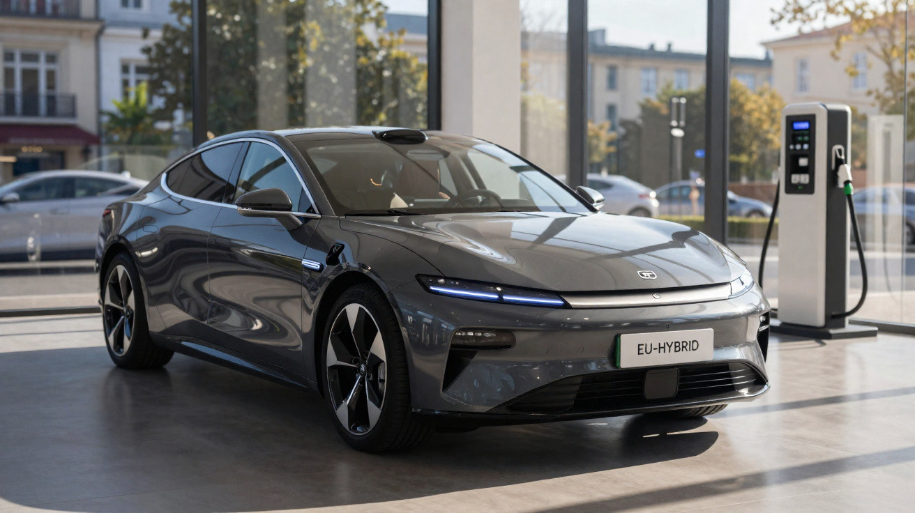 Voiture électrique grise moderne en recharge dans un showroom avec grandes fenêtres et vue urbaine.