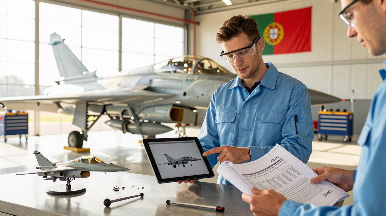 Deux techniciens en bleu analysent un modèle réduit et une tablette d’avion de chasse dans un hangar avec un avion derrière.