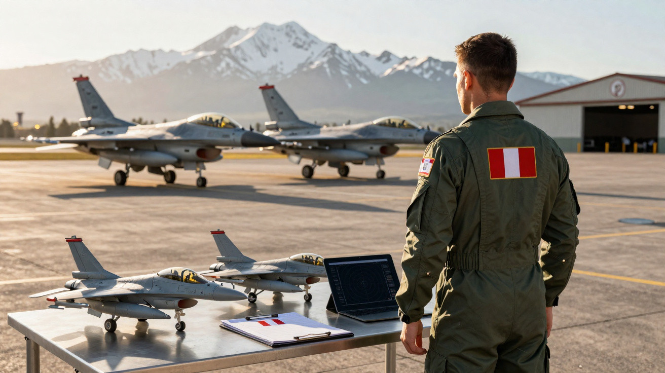 Pilote militaire en tenue observant deux avions de chasse F-16 au sol avec maquettes sur table et montagnes enneigées.
