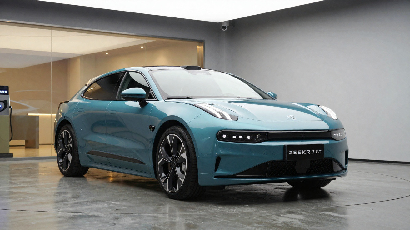 Voiture électrique Zeekr 7 GT bleue garée dans un showroom moderne avec sol en béton lisse.