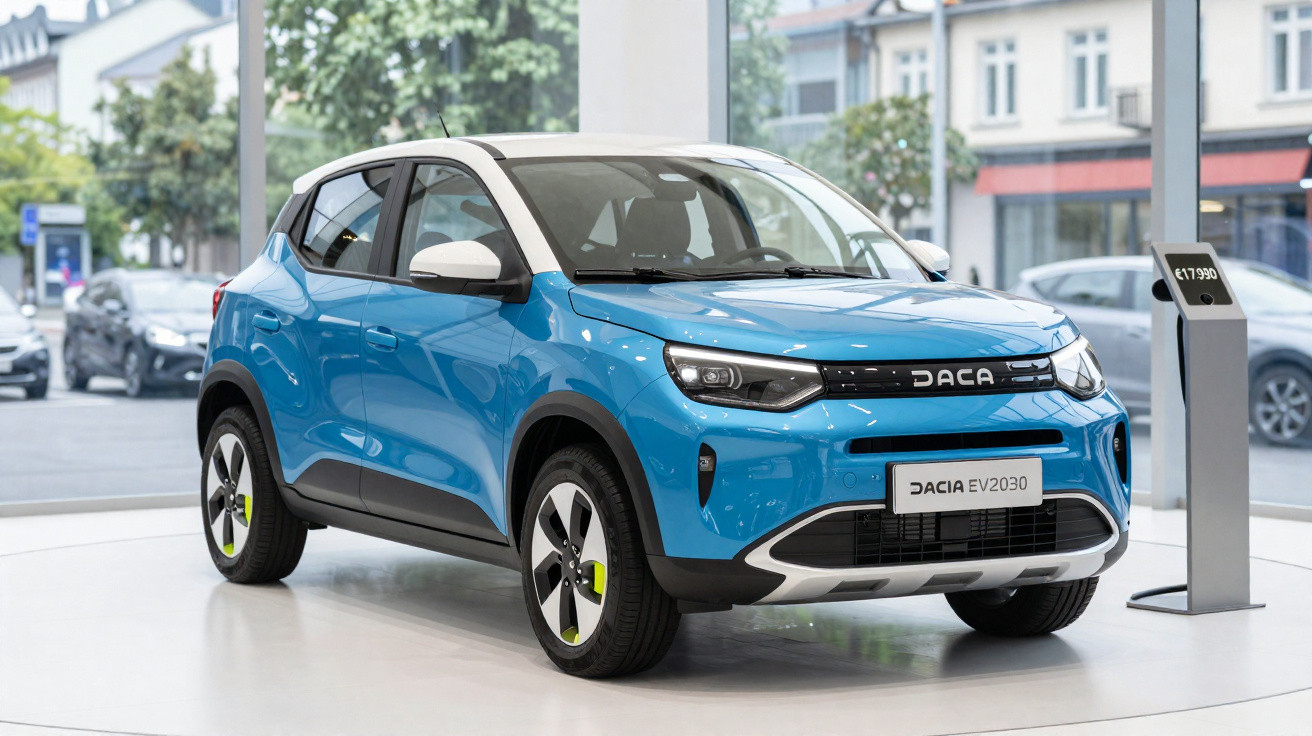Voiture électrique bleue Dacia EV2030 exposée en showroom avec panneau de prix à côté.