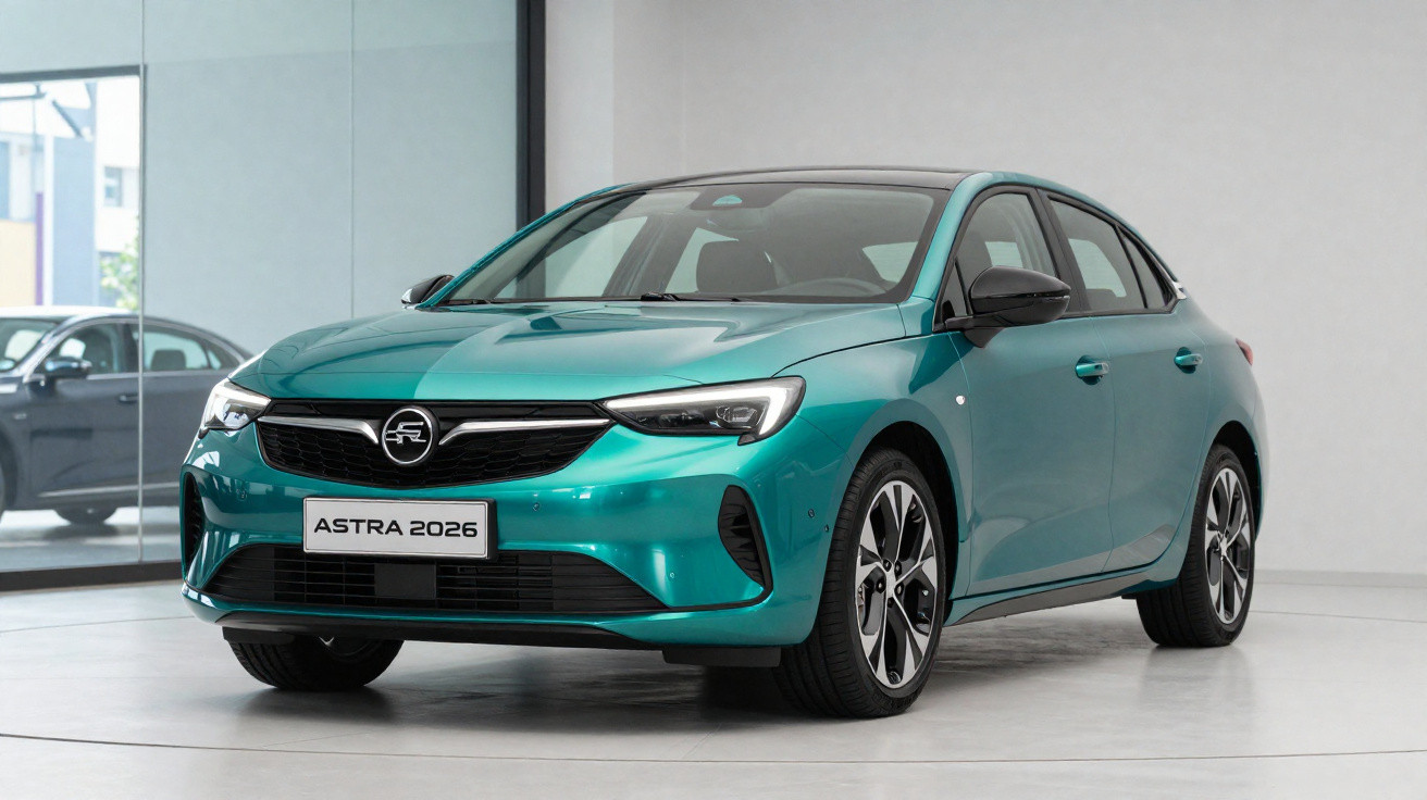 Voiture compacte Opel Astra 2026 bleu turquoise exposée en showroom moderne et lumineux.