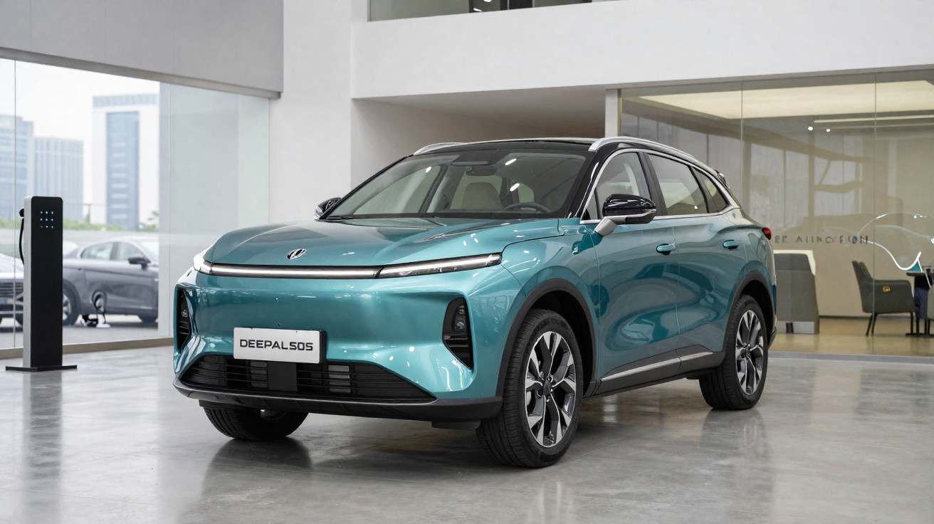 Véhicule électrique SUV bleu métallisé Deepal S05 exposé dans un showroom moderne avec sol en béton.