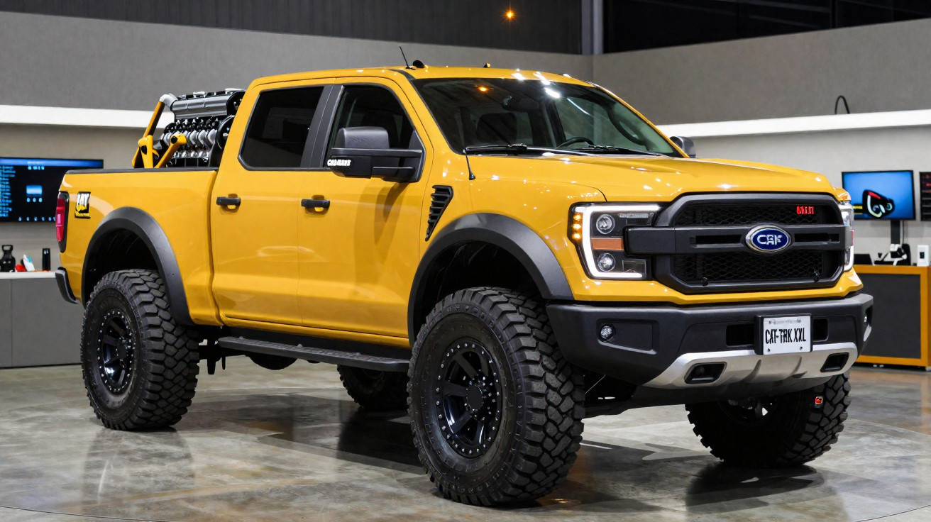 Pick-up tout-terrain jaune vif avec grandes roues et protections noirs, exposé en intérieur moderne.