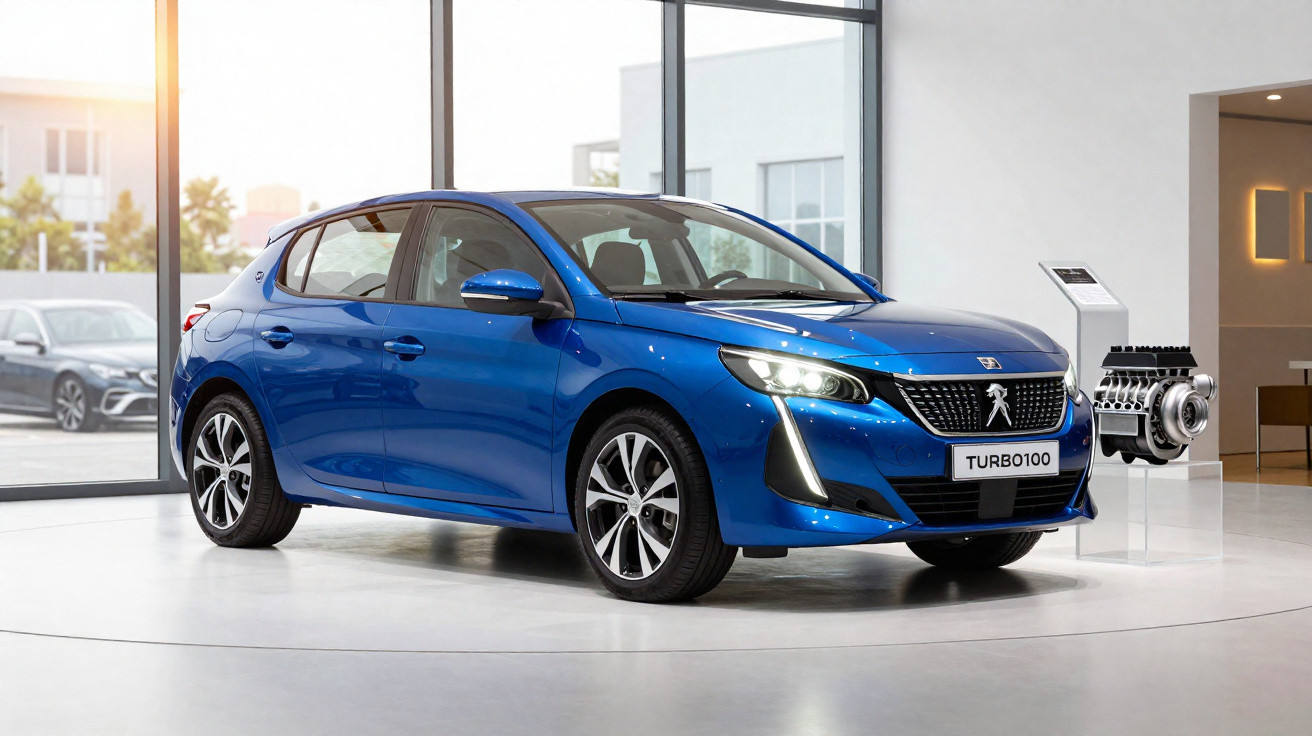 Voiture compacte Peugeot bleue exhibée dans un showroom avec un moteur turbo à côté.