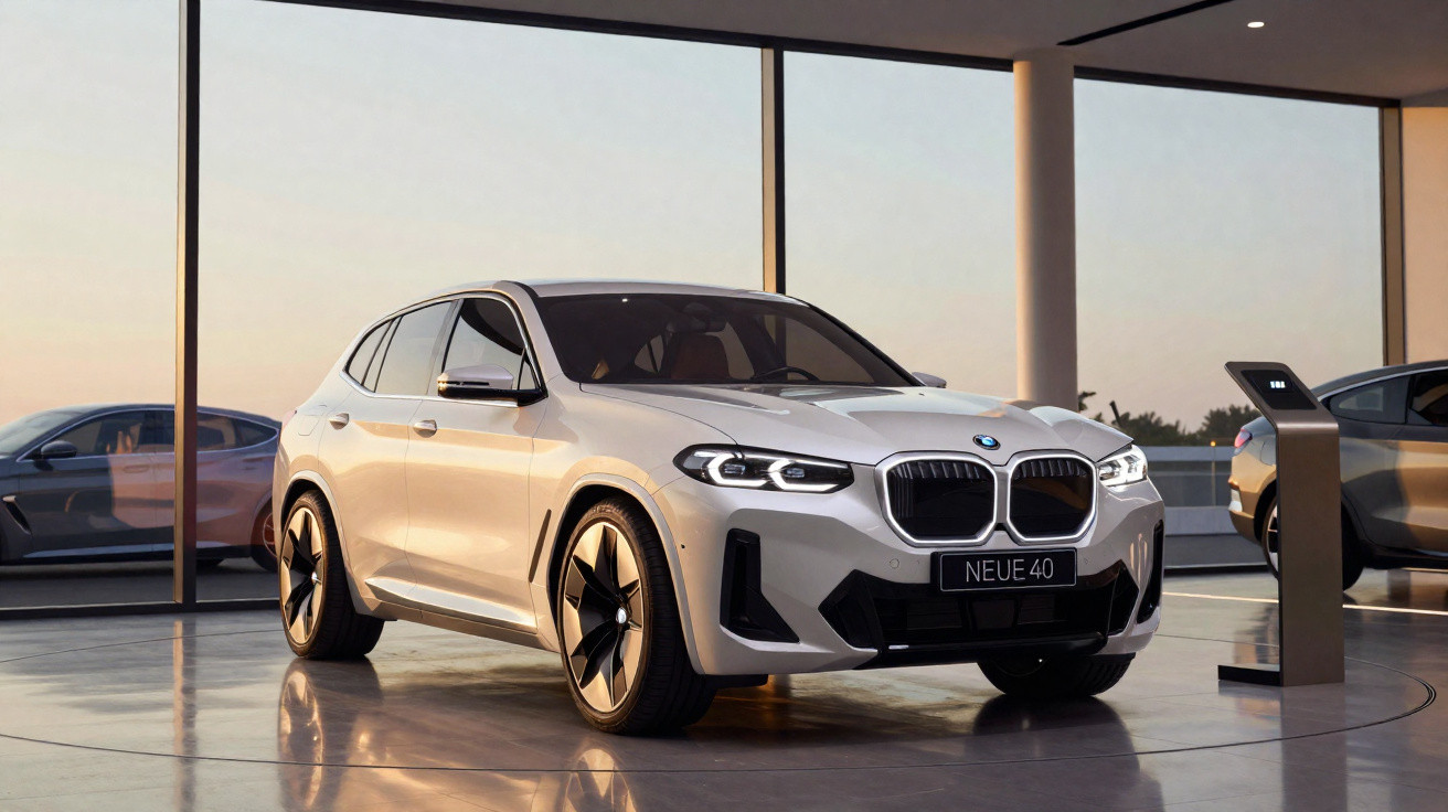 Véhicule électrique BMW Neue 40 blanc exposé dans un showroom moderne avec grandes fenêtres panoramiques.