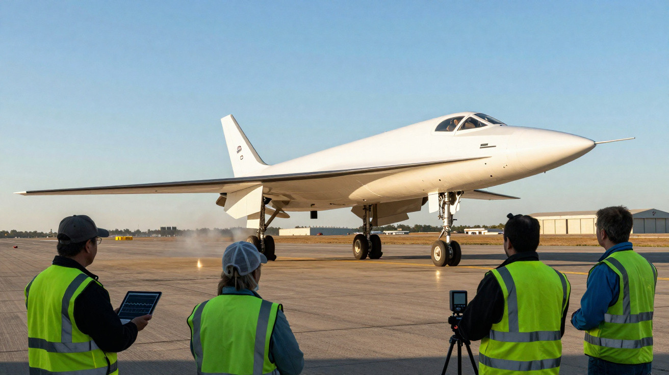 Rare prototype d’avion supersonique blanc sur piste, surveillé par quatre techniciens en gilet jaune.