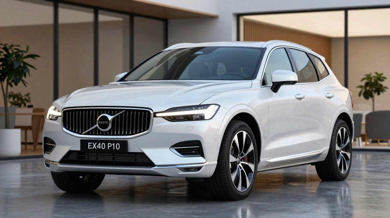 SUV Volvo XC60 blanc garé devant un bâtiment moderne avec fenêtres vitrées grandes.