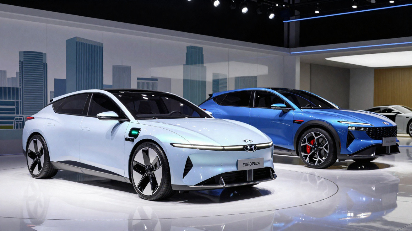 Deux voitures modernes Hyundai électrique, blanche et bleue, exposées dans un showroom lumineux avec décor urbain.
