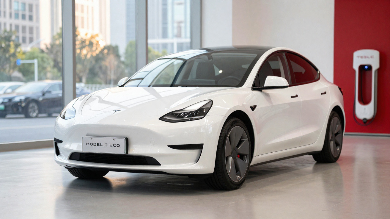 Voiture électrique blanche Tesla Model 3 Eco stationnée dans un showroom moderne avec borne de recharge visible.
