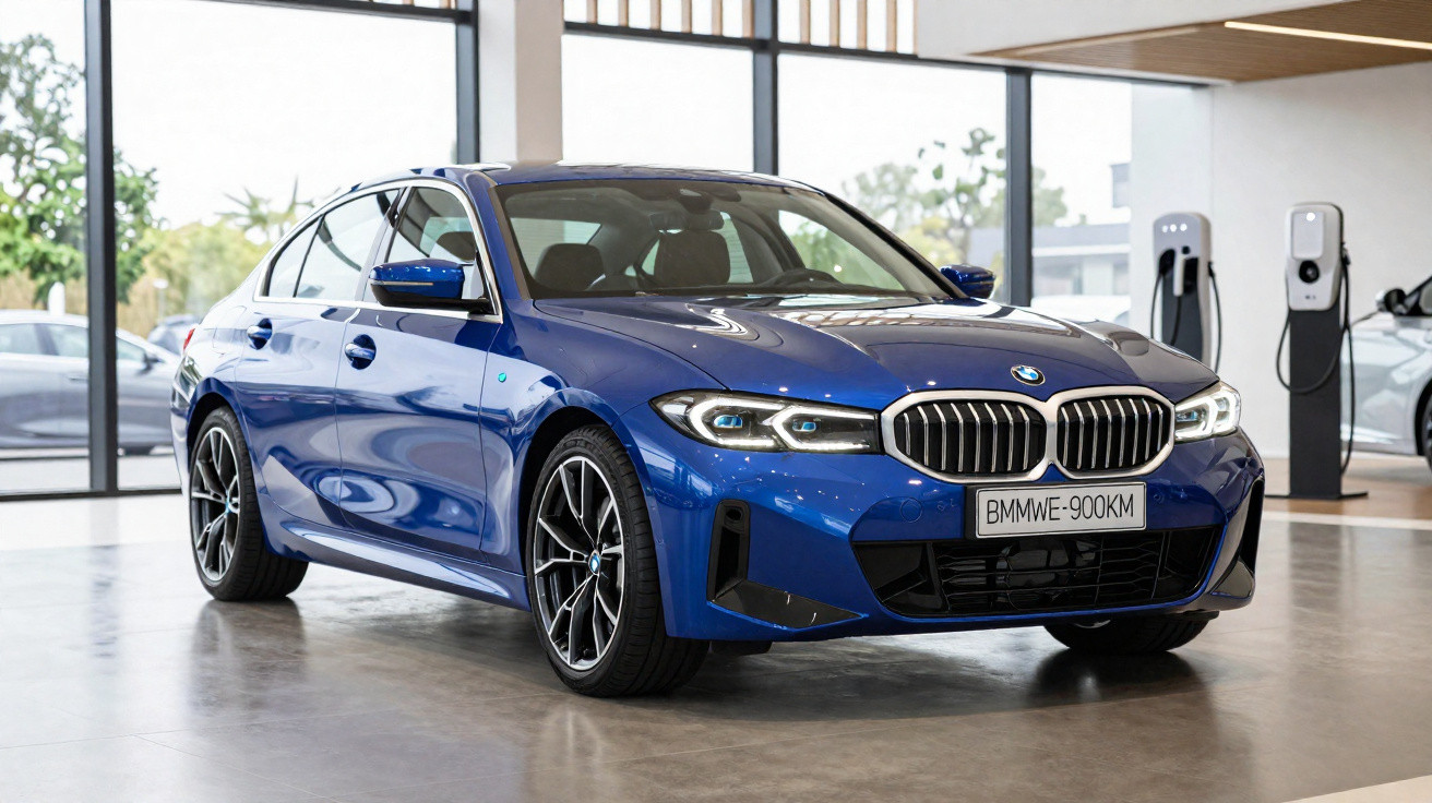 Voiture berline BMW bleue neuve exposée dans un showroom moderne avec fenêtres et bornes de recharge électrique.