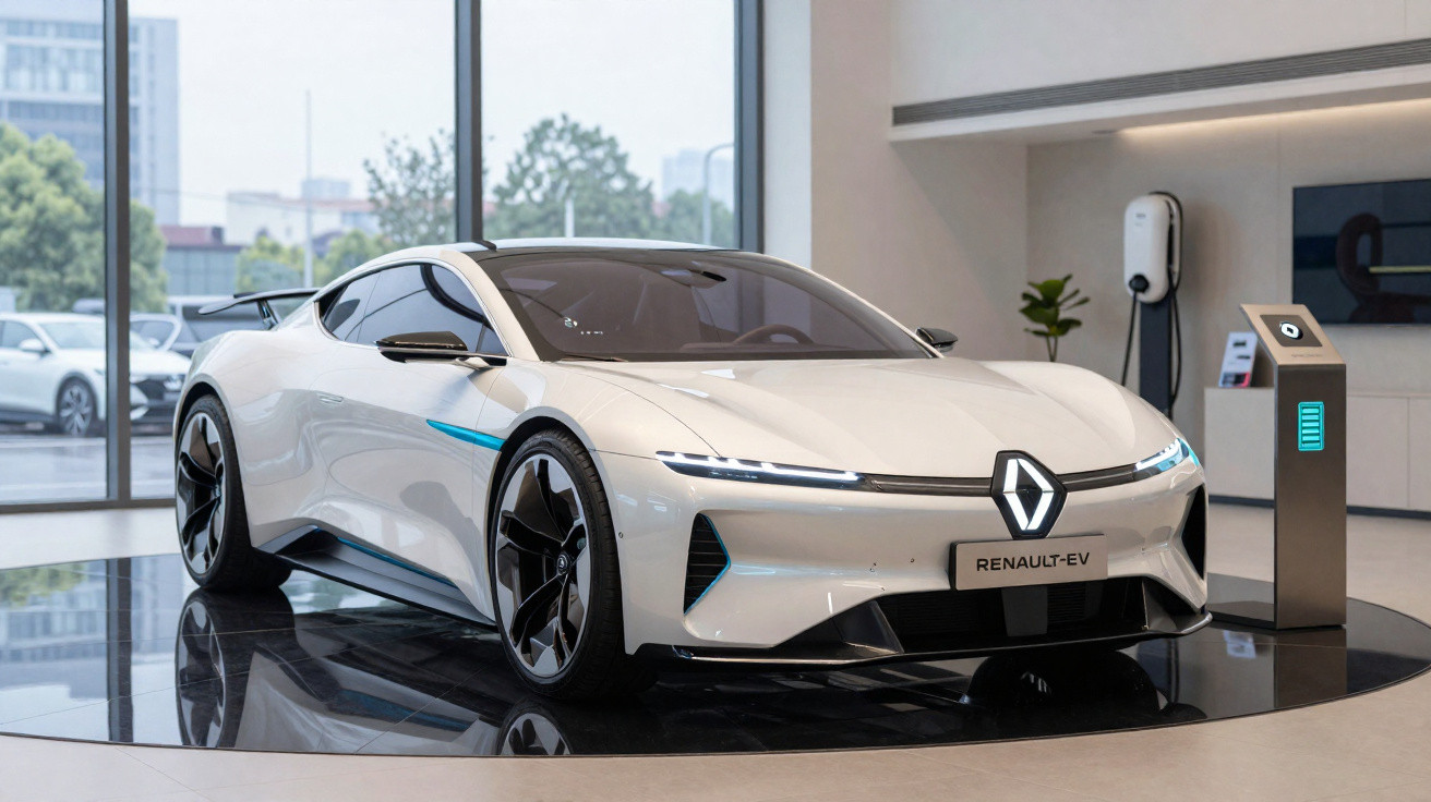 Voiture électrique Renault blanche futuriste exposée en showroom moderne avec borne de recharge à côté.
