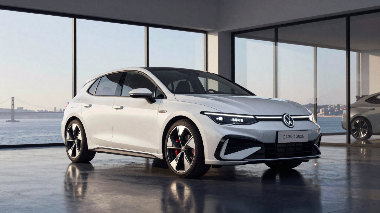 Voiture électrique blanche Volkswagen garée dans un showroom avec vue sur un pont et la mer.