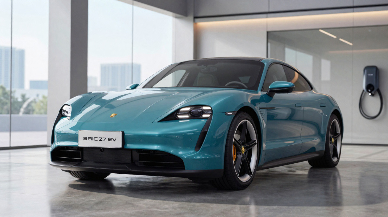 Voiture électrique sport Porsche Taycan bleu stationnée dans un showroom lumineux avec borne de recharge mural.