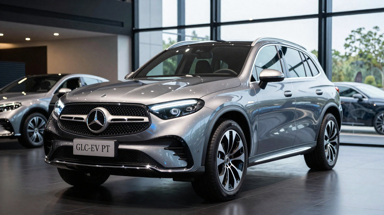 SUV Mercedes-Benz gris métallisé exposé dans un showroom avec un éclairage intérieur moderne.