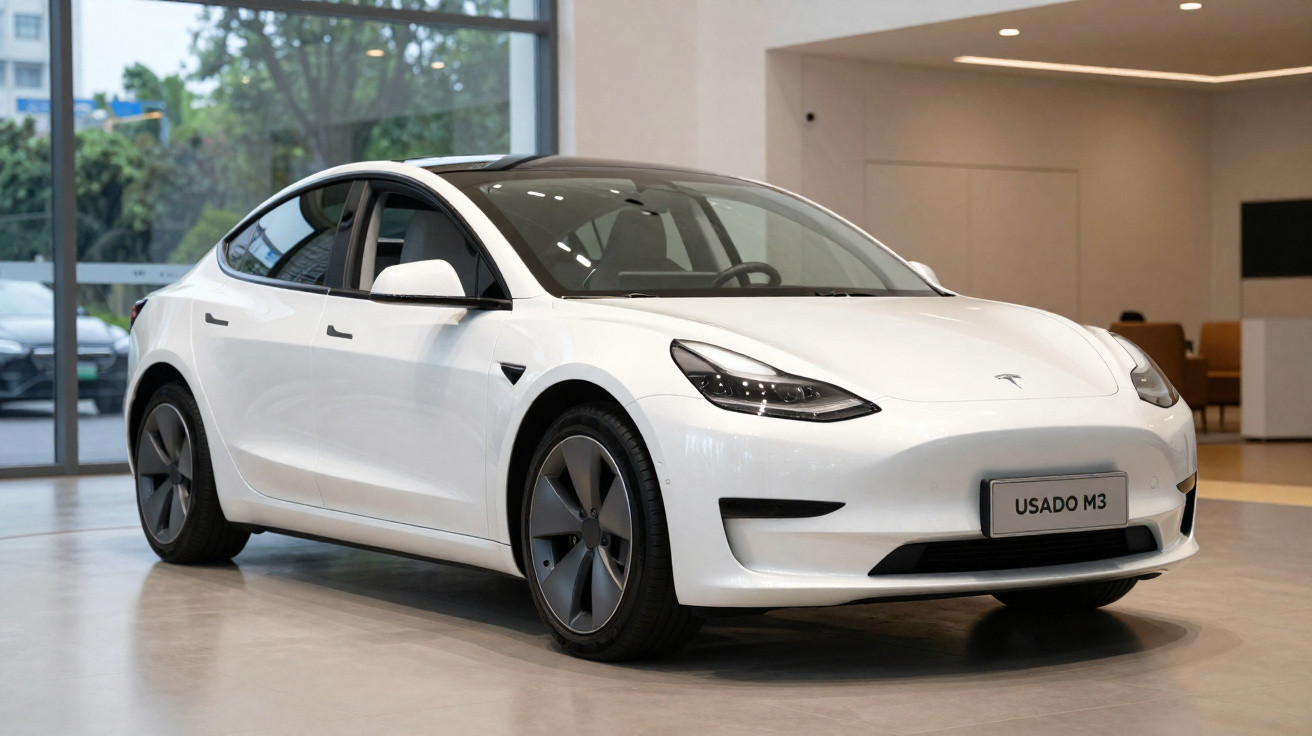 Voiture électrique blanche Tesla Model 3 en exposition dans un showroom, vue avant côté conducteur.