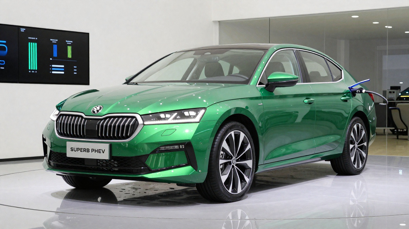 Voiture verte Skoda Superb PHEV en charge dans un showroom moderne et épuré.