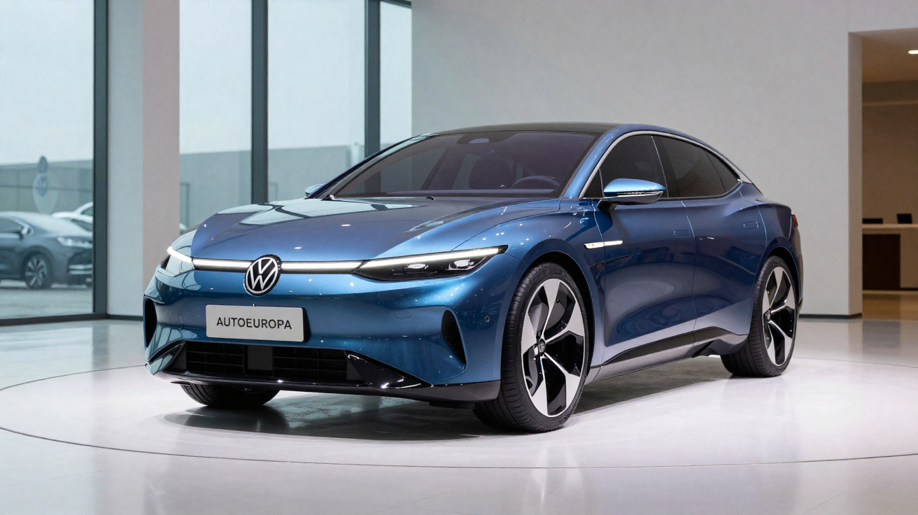 Voiture électrique Volkswagen de couleur bleue exposée dans un showroom lumineux moderne.