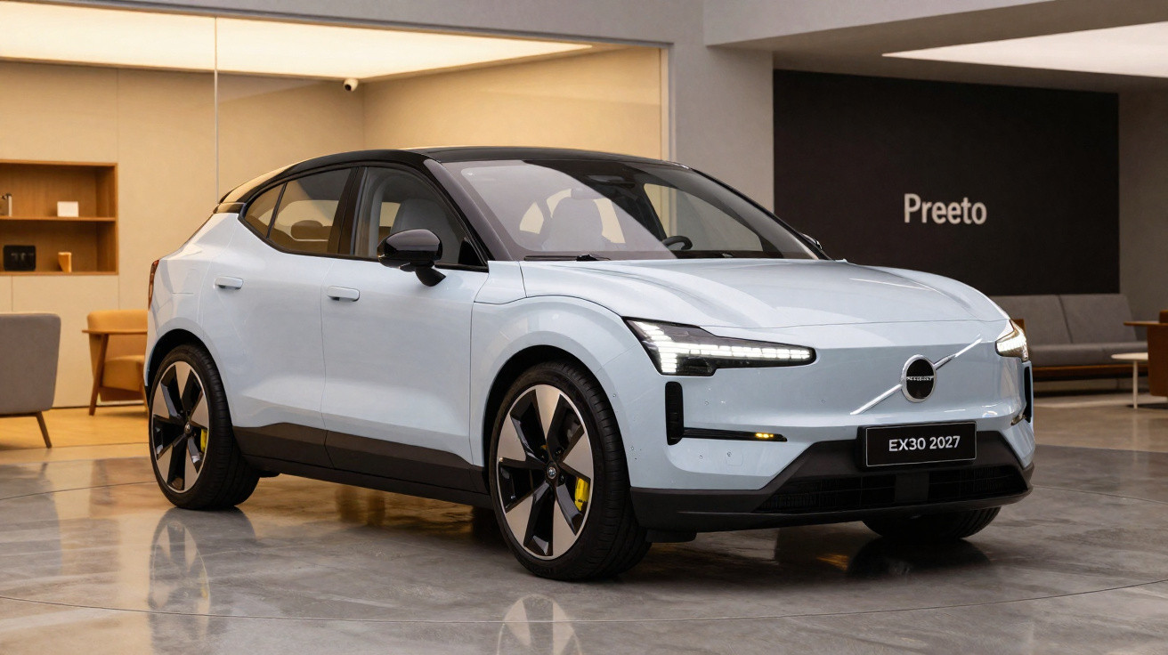 Voiture électrique Volvo EX30 2027 grise et noire exposée dans un showroom moderne.