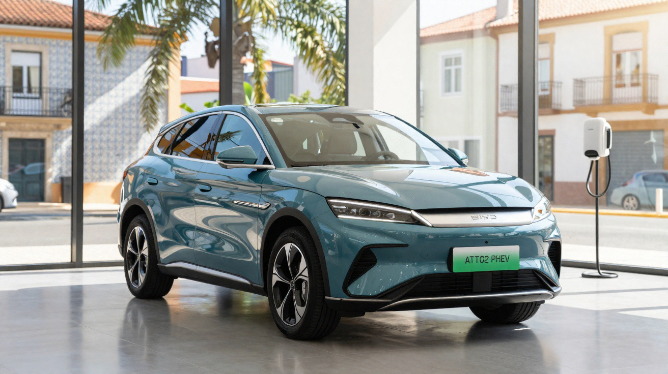 Voiture électrique bleue garée dans un showroom lumineux avec prise de recharge visible près de la fenêtre.