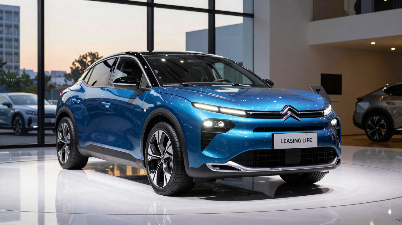 Voiture Citroën électrique bleue exposée en showroom moderne avec grandes fenêtres vitrées.