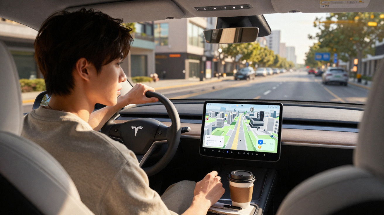 Homme conduisant une Tesla avec un écran tactile affichant la navigation et un café posé sur la console centrale.