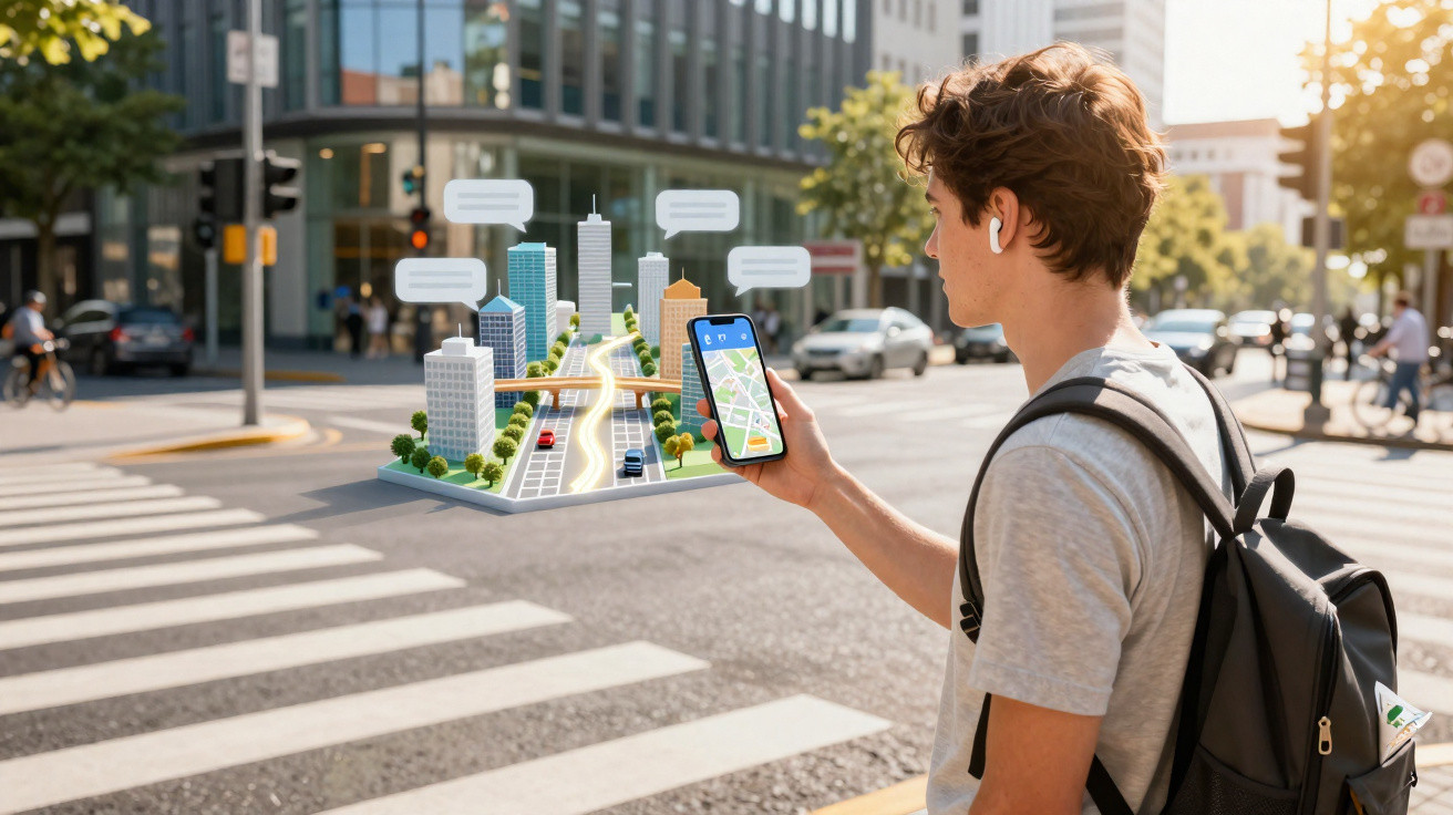 Jeune homme avec sac à dos utilise une application de navigation sur smartphone en ville au passage piéton.