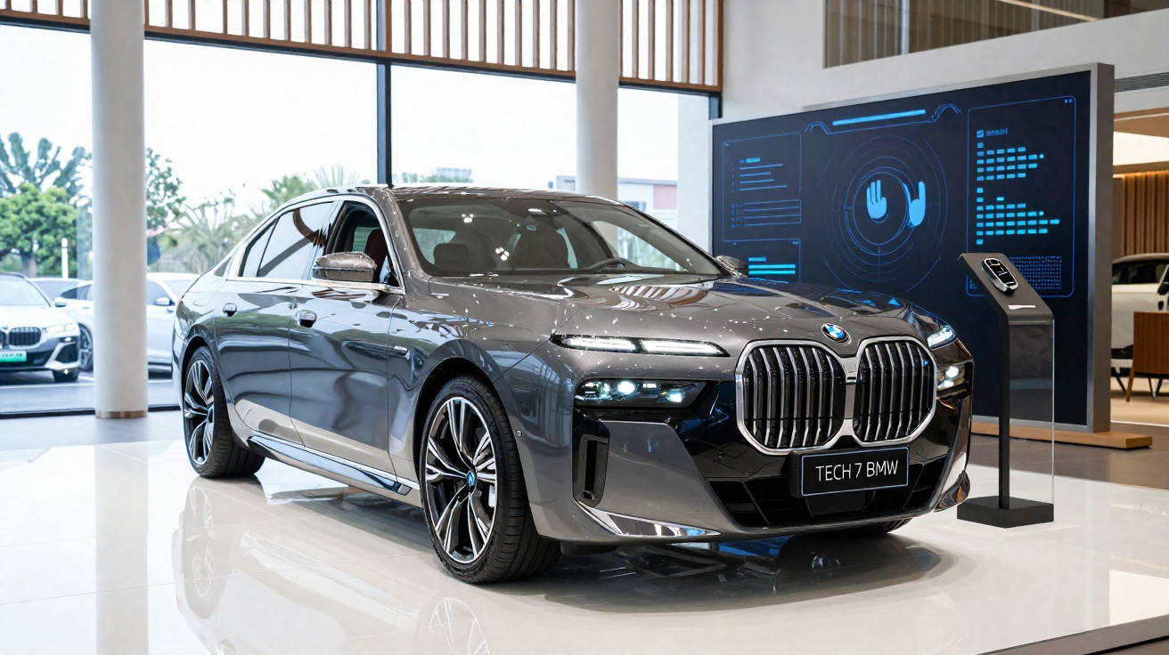 Voiture BMW TECH 7 grise exposée dans un showroom moderne avec écran digital à l’arrière.