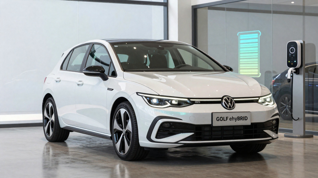 Voiture Volkswagen Golf eHybrid blanche stationnée près d'une borne de recharge électrique en intérieur moderne.