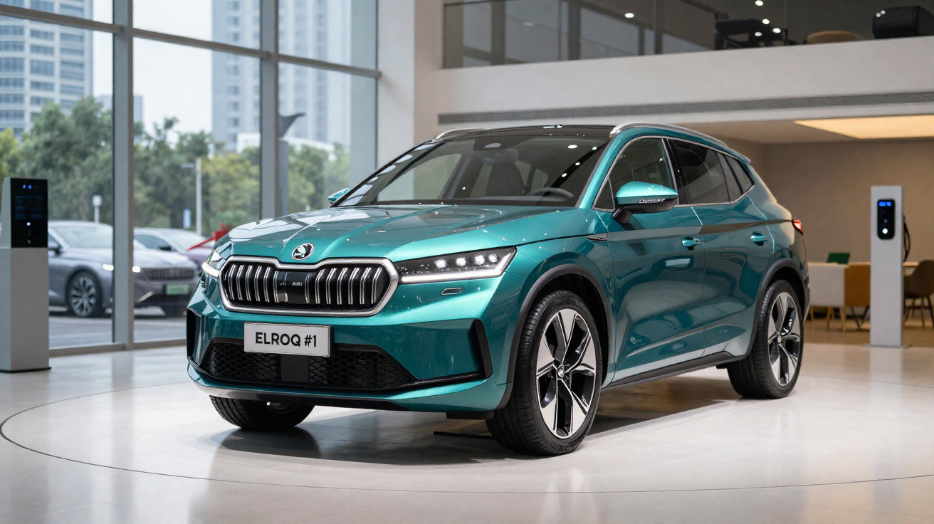 SUV Škoda Elroq vert exposé dans un showroom moderne avec grande baie vitrée et autre véhicule visible.