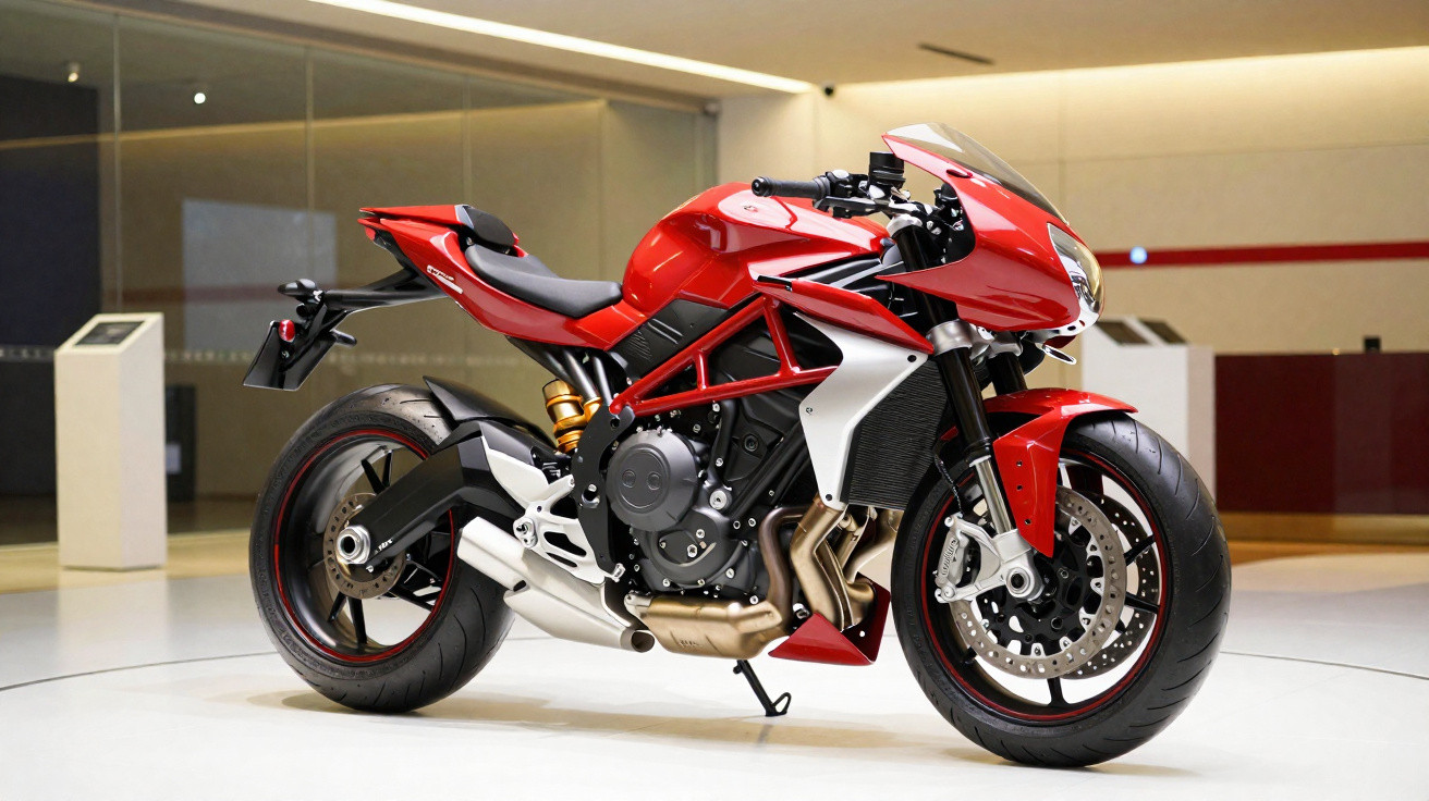 Moto sportive rouge exposée en intérieur sur un sol blanc avec un cadre tubulaire apparent autour du moteur.