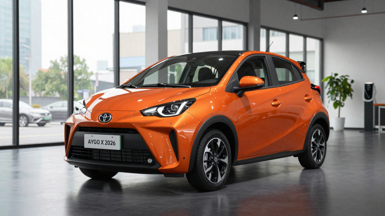 Voiture compacte Toyota Aygo X 2026 orange exposée dans un showroom moderne et lumineux.