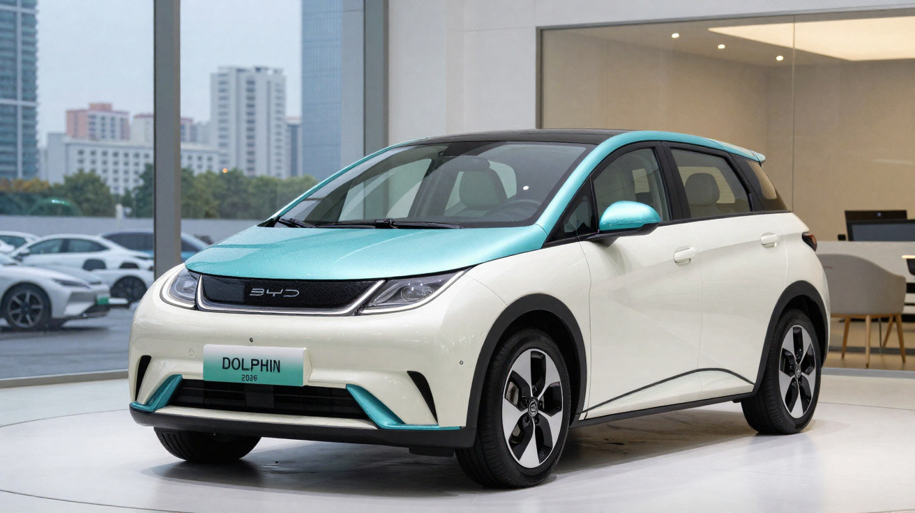 Voiture électrique BYD Dolphin blanche et turquoise exposée dans un showroom moderne avec vitres et mobilier contemporain.