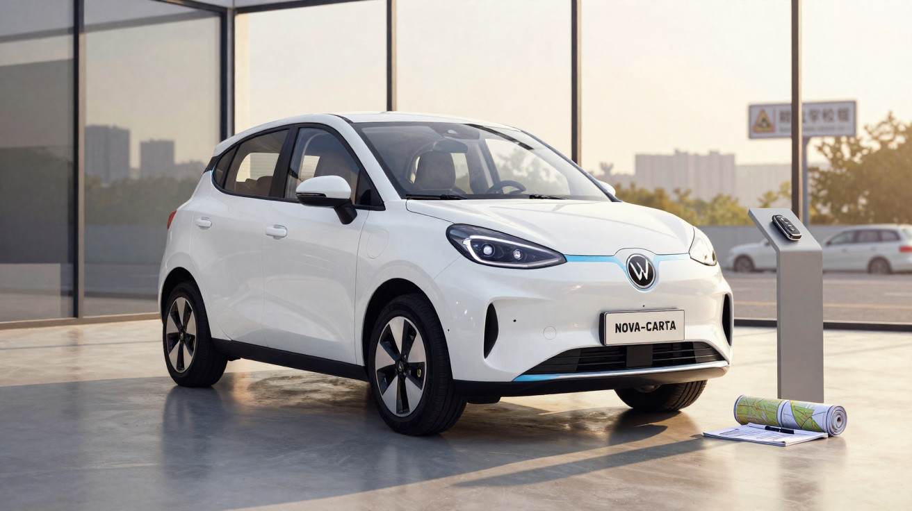 Voiture électrique blanche Wuling Nova-Carta garée dans un showroom lumineux avec plans roulés au sol.