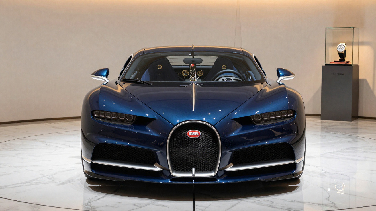 Vue avant d'une Bugatti Chiron bleu foncé exposée dans une salle lumineuse avec sol en marbre.
