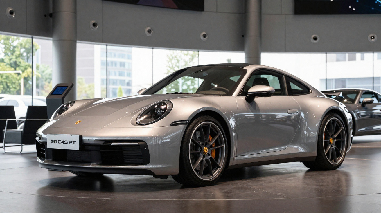 Voiture Porsche 911 Carrera 4S PT sports grise exposée dans un showroom moderne avec grandes fenêtres.