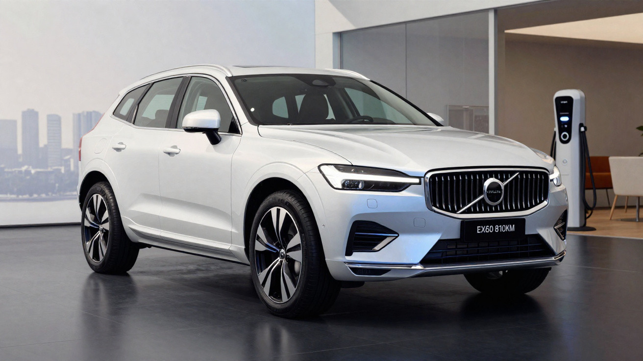SUV Volvo blanc présenté en intérieur avec borne de recharge électrique à côté.