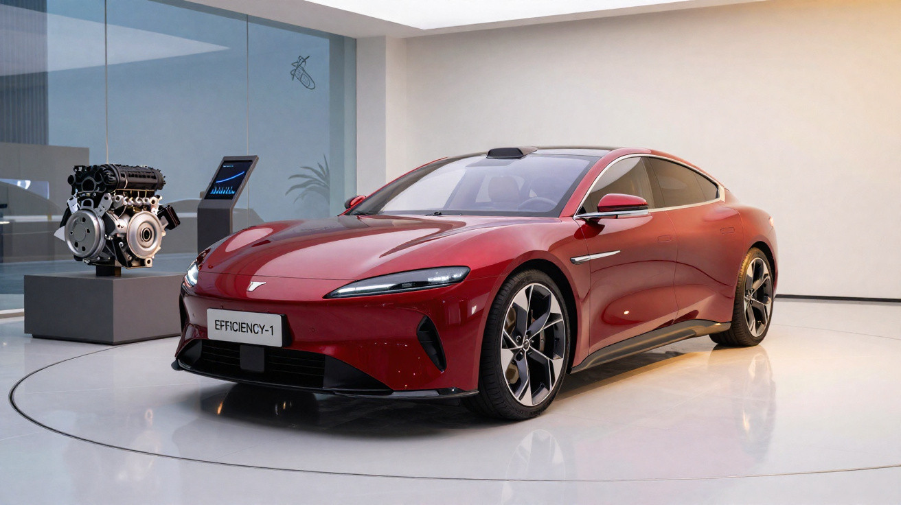 Voiture de sport électrique rouge brillante exposée dans un showroom moderne avec moteur mécanique à côté.