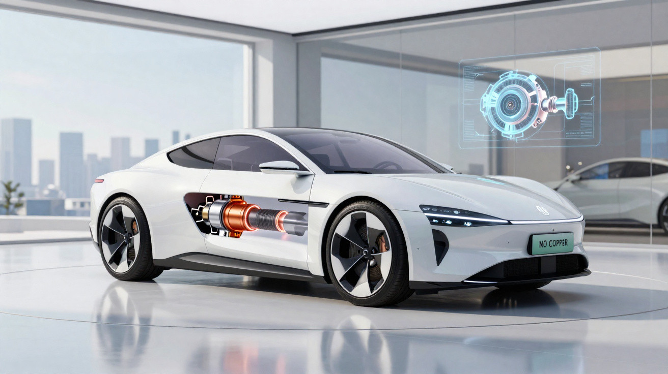 Voiture de sport électrique blanche en intérieur avec illustration du moteur et hologramme technique.