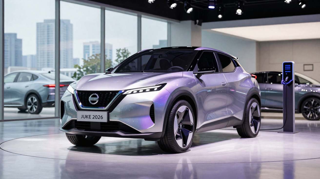 Voiture électrique Nissan Juke 2026 gris métallisé exposée dans un showroom moderne avec bornes de recharge.
