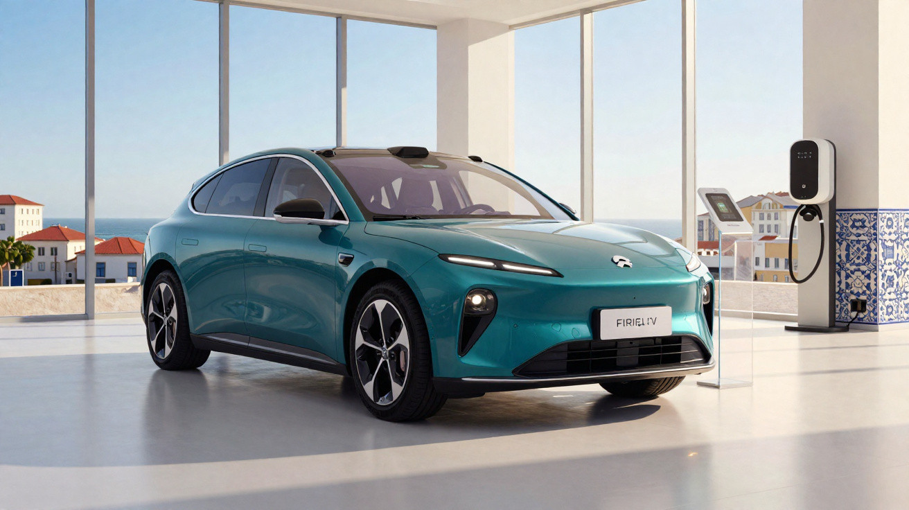 Voiture électrique bleue garée dans un showroom moderne avec grandes baies vitrées et station de recharge.