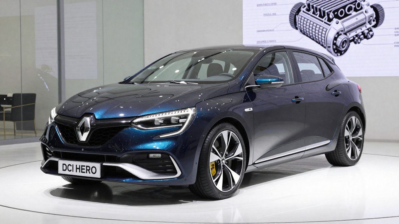 Voiture Renault DCI HERO bleu foncé exposée sur un podium blanc dans un salon automobile moderne.