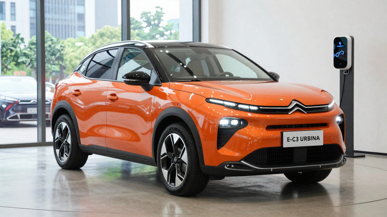 Voiture électrique orange Citroën E-C3 Urbina en exposition intérieure près d'une borne de recharge.