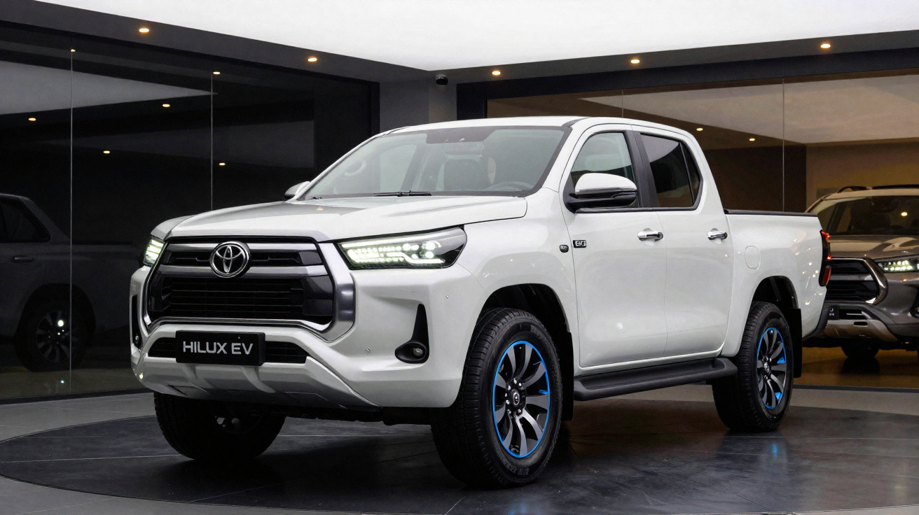 Toyota Hilux EV blanc exposé en showroom, gros plan avant avec phares allumés et jantes noires et bleues.