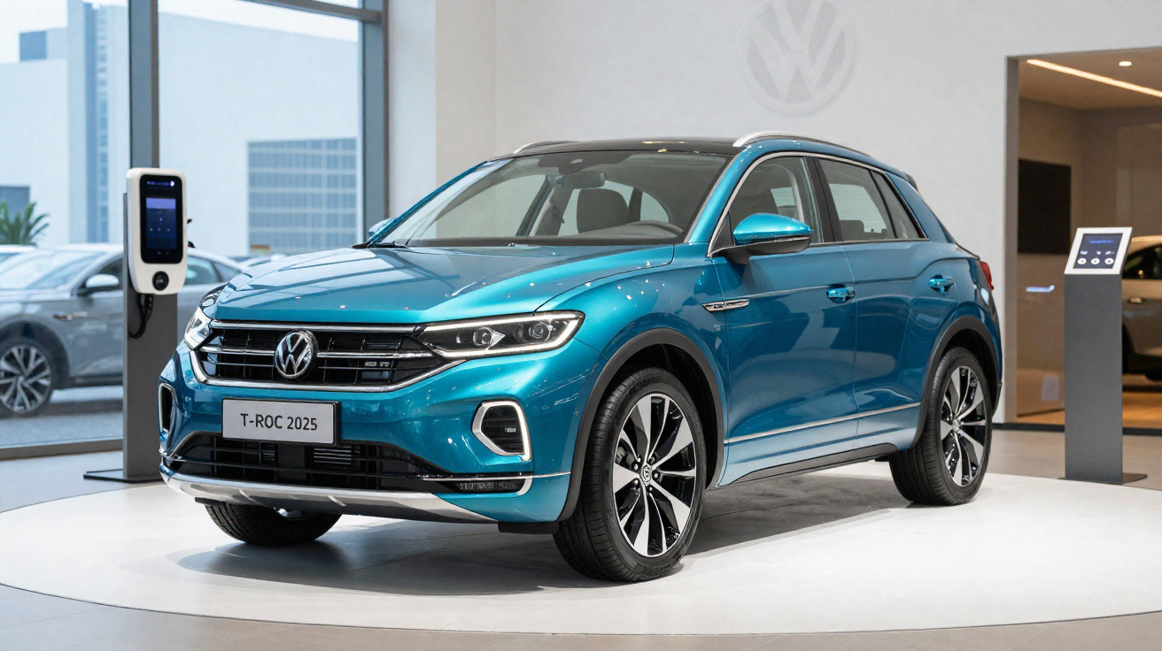 Voiture Volkswagen T-Roc 2025 bleue exposée dans un showroom moderne avec bornes de recharge électrique.