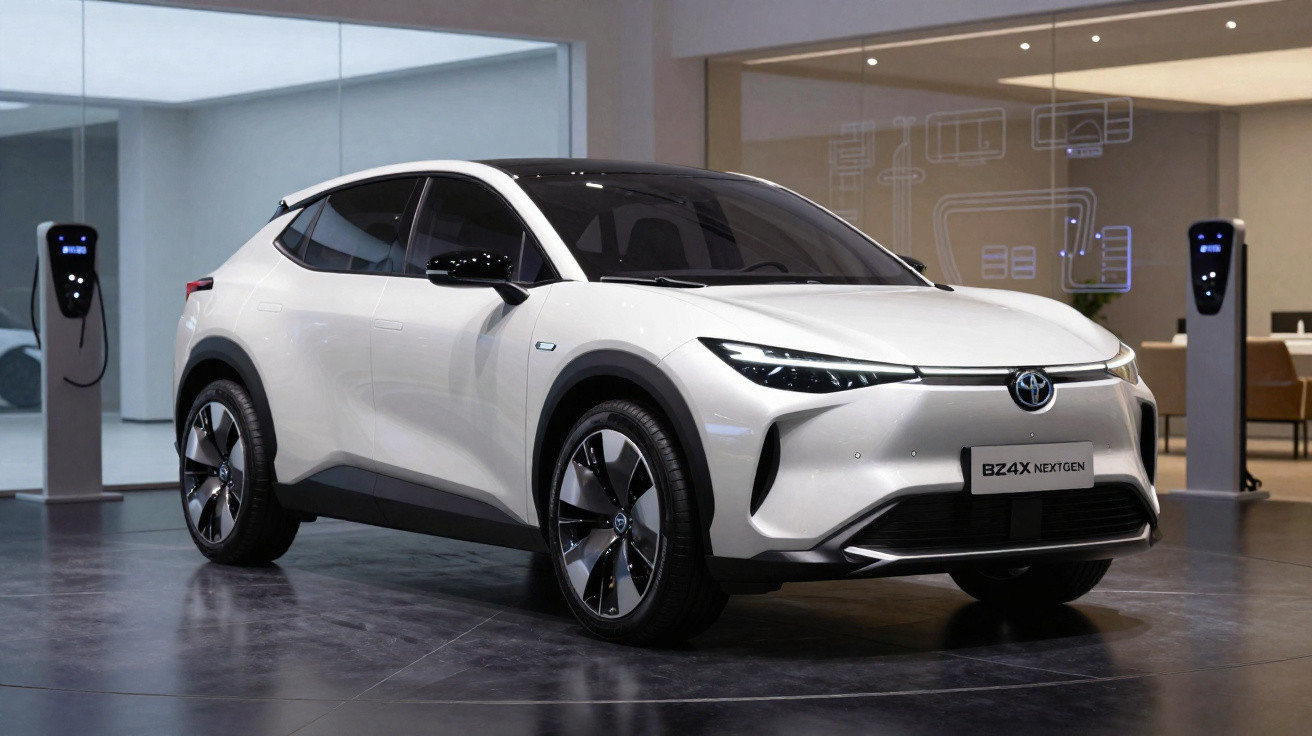 Voiture électrique blanche Toyota BZ4X garée dans un showroom moderne avec bornes de recharge.