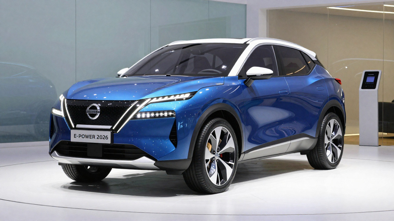 SUV électrique Nissan E-POWER 2026 bleu et blanc exposé en intérieur sur un podium rond blanc.